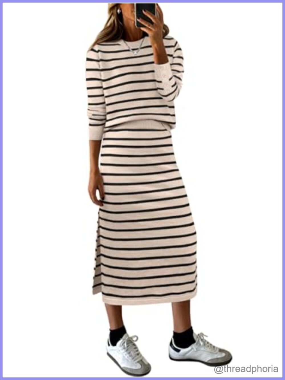 Women's 2 Piece Striped Sweater and Midi Skirt Set Long Sleeve Pullover Lounge